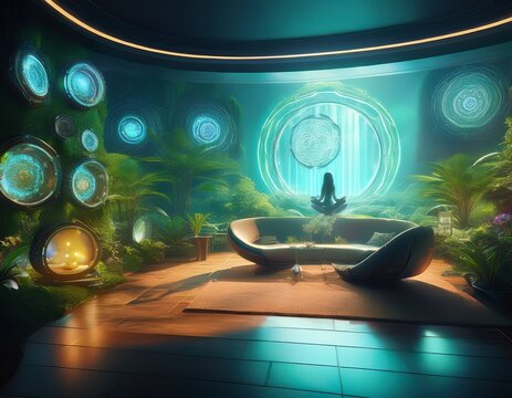 calm self care scene with futuristic interface
