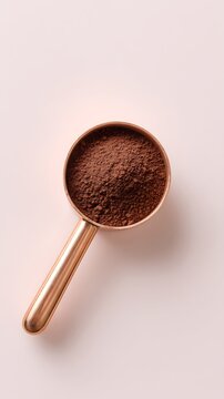 A copper measuring spoon filled with brown cocoa powder on a pink background