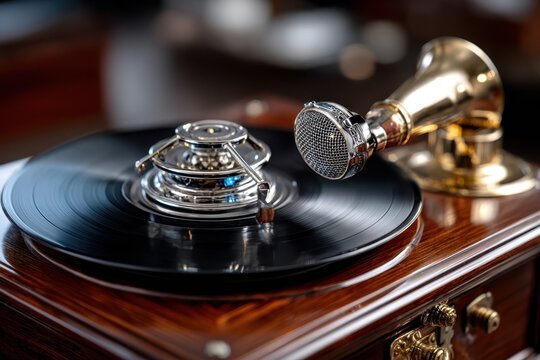 Vintage record player with shiny metal components and vinyl disc spins in warm lighting