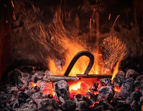 glowing red hot branding iron with letter w heating in burning charcoal fire with sparks western ranch lifestyle and industrial metalworking concept banner with copy space