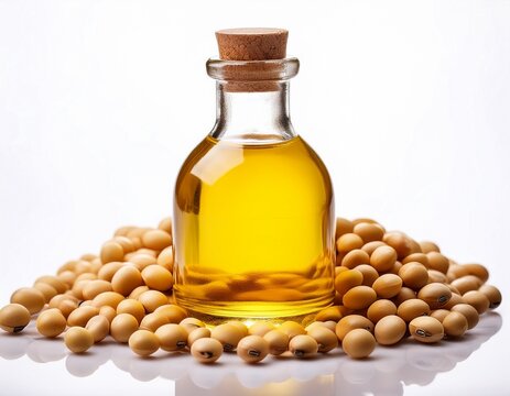 macro shot of soybean oil in a glass bottle surrounded by soybeans high detail isolated on white background cooking ingredient