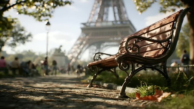 Paris, France, Europe. A vivid, sunlit photograph captures a serene park scene with the Eiffel Tower in the background. The main subject is a wooden bench with ornate wrought iron detailing.