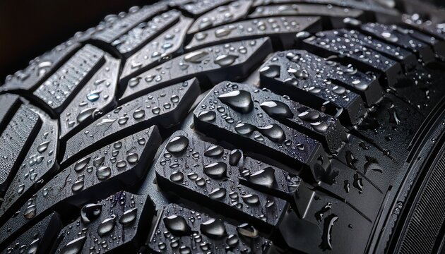close up of a wet tire tread with droplets emphasizing grip and water resistance