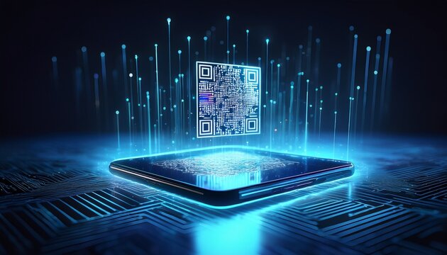 holographic qr code projection above digital device in dark futuristic technology concept with glowing blue light particles