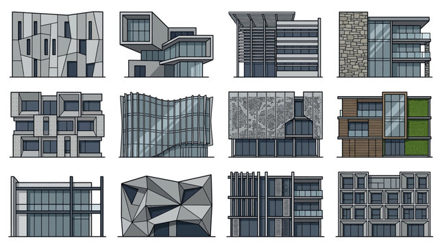 Modern architectural building facade set.