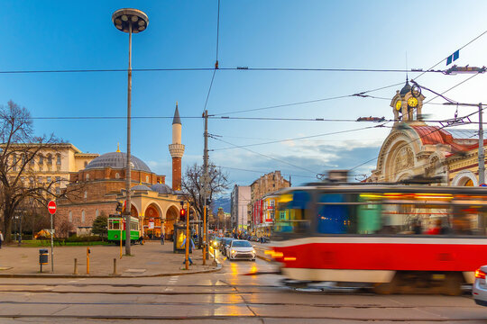 Urban Street Scene with Banya Bashi Mosque and Tram, Sofia