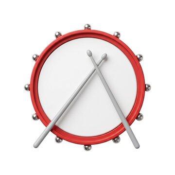 3D Render of a Red Snare Drum with Drumsticks Isolated on White Background