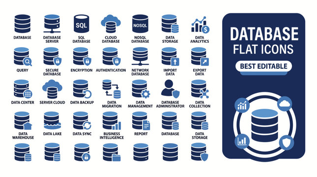 Set of blue flat database icons for cloud storage, SQL server, data security, analytics and web development UI design