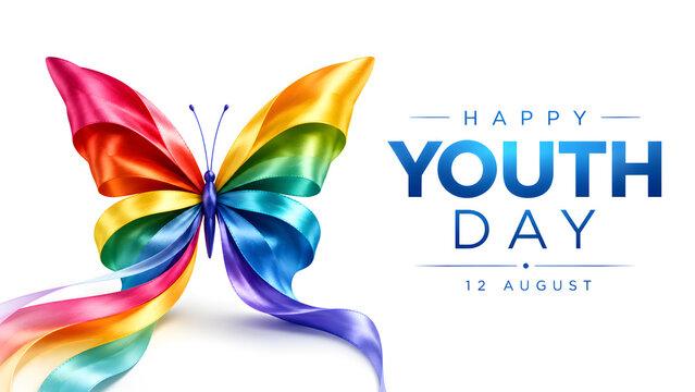 International Youth Day celebration concept featuring diverse young people, global unity, youth empowerment, education, innovation, equality, leadership, and a hopeful vision for the future. Modern co
