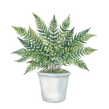 Lush Boston fern in a white planter. Green potted plant with arching fronds. Indoor decorative foliage.