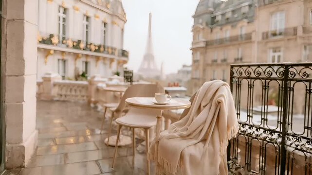 Paris, France, Europe. A detailed, warmtoned photograph of a Parisianstyle balcony overlooking the Eiffel Tower. The balcony features a round table with a cup of coffee and a saucer.