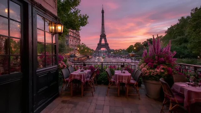 Paris, France, Europe. A vivid portrayal of a Parisian terrace at dusk, with the Eiffel Tower in the background. The sky is painted in hues of pink, purple, and orange, indicating sunset.