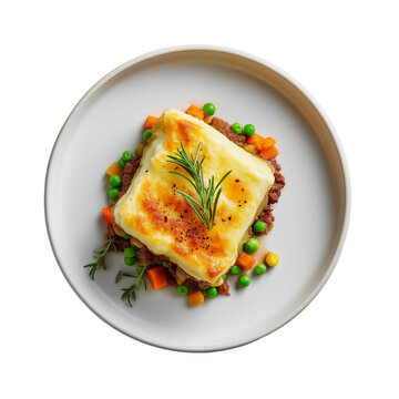 Traditional shepherd's pie with lamb, carrots, peas and onions isolated on transparent background. Dish on the plate for menu, cafe, design.
