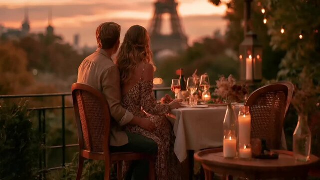 Paris, France, Europe. A romantic outdoor dining scene features a couple seated at a table overlooking the Eiffel Tower at sunset. The setting sun casts a warm, golden hue over the scene. The couple.