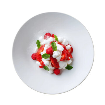 Eton mess with strawberries, raspberries and meringue isolated on transparent background. Dish on the plate for menu, cafe, design.
