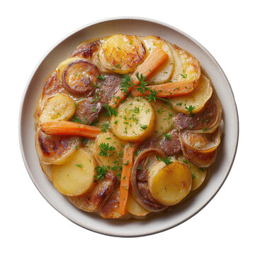 Traditional lancashire hotpot with lamb, onions, carrots and sliced potatoes isolated on transparent background. Dish on the plate for menu, cafe, design.
