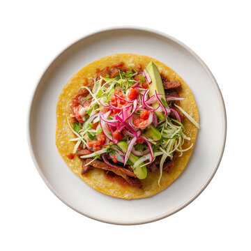 Traditional mexican tlayuda with black beans, pork lard and melted cheese isolated on transparent background. Dish on the plate for menu, cafe, design.
