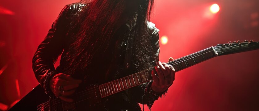 Heavy metal guitarist with long hair playing electric guitar on stage under dramatic red concert lighting