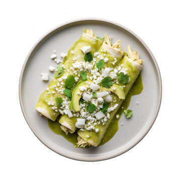 Traditional mexican enchiladas verdes with chicken, tomatillo sauce, crema and avocado isolated on transparent background. Dish on the plate for menu, cafe, design.
