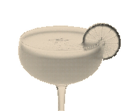 Vintage retro cocktail glass with refreshing lime slice and fizzy drink. Classic halftone vector illustration of a mid-century martini or gin fizz...