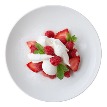 Macerated strawberries sauce, whipped cream, and meringue cookies isolated on transparent background. Dish on the plate for menu, cafe, design.
