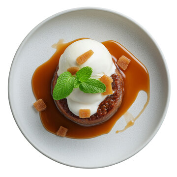 Traditional date sticky caramel pudding with caramel sauce isolated on transparent background. Dish on the plate for menu, cafe, design.
