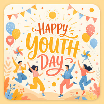International Youth Day celebration concept featuring diverse young people, global unity, youth empowerment, education, innovation, equality, leadership, and a hopeful vision for the future. Modern co