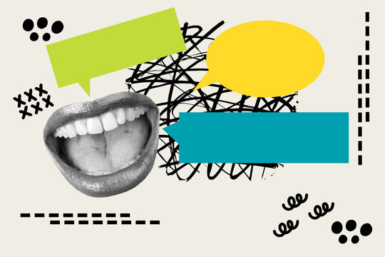 Collage de una boca abierta de mujer con burbujas de chat de colores junto a elementos geometricos sobre un fondo gris claro. Vista de frente y de cerca. Copy space