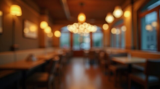 Hermosas luces con efecto Bokeh en el interior de un restaurante de moda durante el servicio de cena. Todo desenfocado