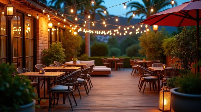 Terraza de c&oacute;cteles iluminada con guirnaldas de luces y farolillos, asientos c&oacute;modos y plantas tropicales