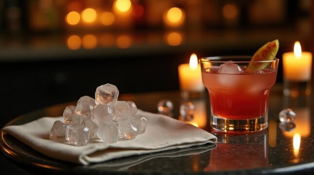 Elegante mesa de c&oacute;ctel con cubitos de hielo dispersos, una servilleta de lino doblada, luz de velas y reflejos sutiles