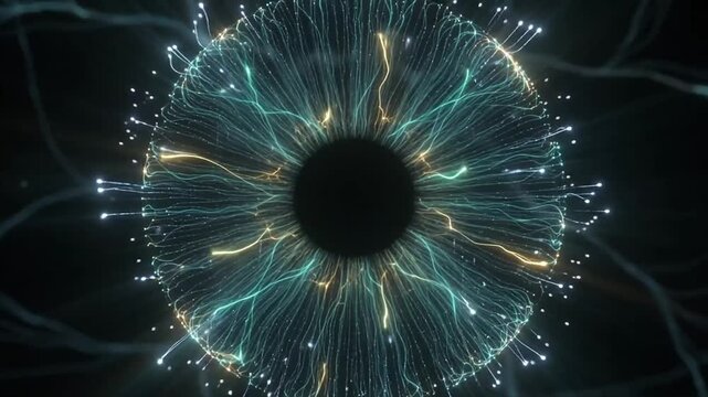 Abstract digital eye concept with glowing fiber optic light strands in a dark space.