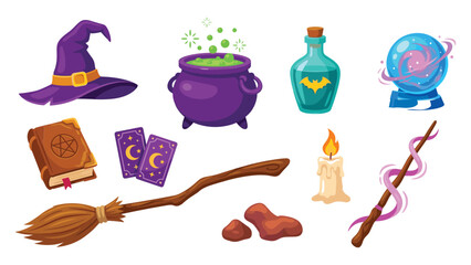 Cute Halloween magic witch icons set with cauldron crystal ball potion bottle spell book and broomstick © MDABULKALAM