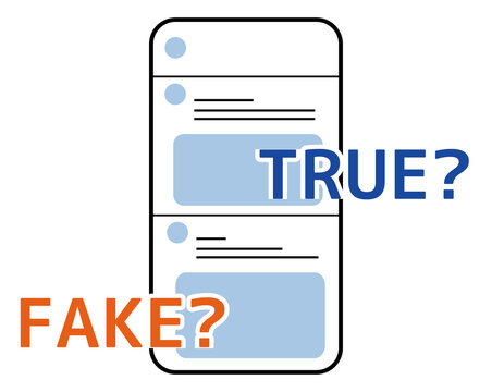 フェイクニュースや情報の真偽を疑うスマートフォンのファクトチェック・スマホのSNS投稿とTRUE/FAKEの文字を描いた情報リテラシー概念