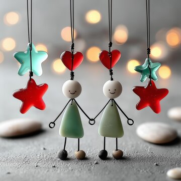 AI generator images of handmade artwork crafted from sea glass and pebbles, depicting a couple holding hands it features a figure wearing a soft green dress set against a backdrop of colorful stars. 