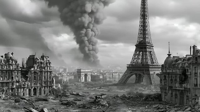 Paris, France, Europe. A black and white photograph depicts the aftermath of an explosion in Paris, France. The Eiffel Tower stands tall amidst the ruins of a historic building.