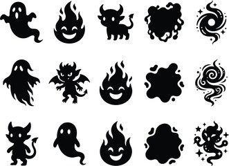 Obraz premium Set of cute spooky halloween characters and magical elements in a flat black silhouette