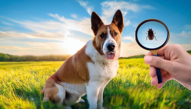 dog inspection for ticks pet care magnifying glass canine health tick prevention parasite check outdoor safety veterinary examination tick removal pet health awareness animal welfare