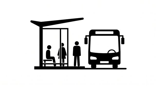 Bus stop silhouette icon. People waiting for public transport at a city station.