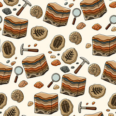 Hand drawn geology and paleontology seamless pattern featuring sedimentary rock strata strata layers fossils trilobite ammonite magnifying glass hammer on light beige background © Marie