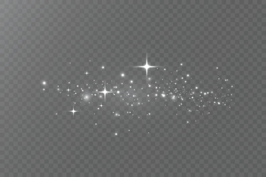 Shimmering white glitter particles with glowing stars and magical sparkle trail. Transparent vector overlay for fantasy designs