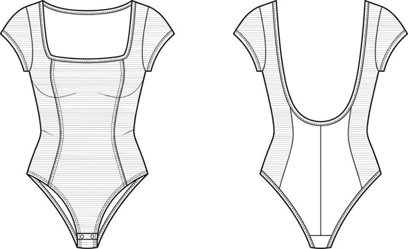 Fashion flat sketch template of a ribbed bodysuit with cap sleeves and square neckline
