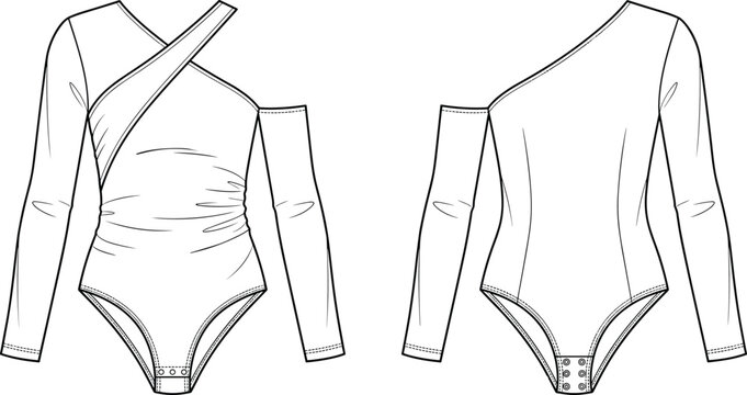 Fashion flat sketch template of an asymmetric long sleeve bodysuit with wrap neckline and ruched details