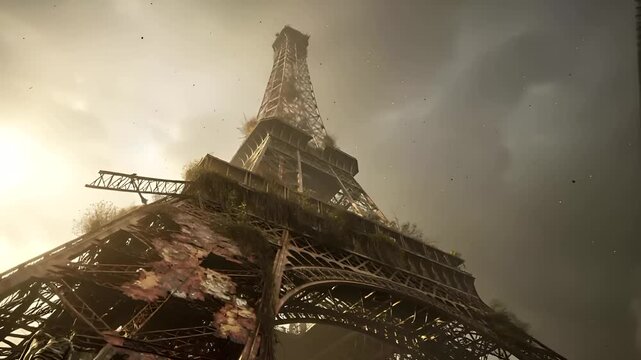 Paris, France, Europe. A digital artwork depicts the Eiffel Tower, a landmark in Paris, France. The eiffel tower stands tall against a cloudy sky. The image uses a muted color palette of grays.