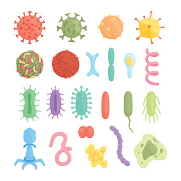 Cartoon microorganisms set with bacteria, viruses and germs isolated on white background