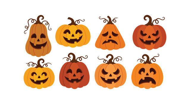Spooky Halloween jack o lantern pumpkin vector set with scary funny smiling and sad carved faces on white background