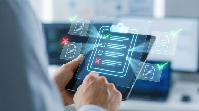 AI document review system shows approval and reject detection on digital tablet for automation process