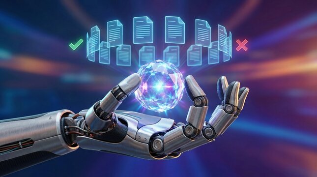 AI document review system shows automation detection for approval or reject with robotic hand holding glowing sphere