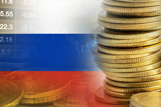 Stock market investment trading financial, coin and Russia flag or Forex for analyze profit finance business trend data background.
