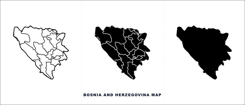 Bosnia and Herzegovina map vector set, black silhouette and outline administrative borders, minimalist geographic country shapes for infographics